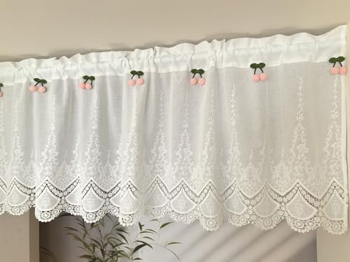 Vordesack Baumwollgardinen mit Lochstickerei & Kirschblüten-Dekor – Romantische Spitzenvorhänge Landhausstil Scheibengardine mit Blumen Stickerei 1 Stück Weiß HxB 40x120cm