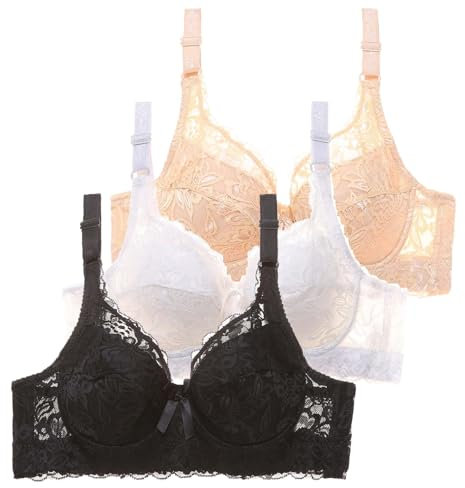 CSWH 3er Pack BHS Damen mit Bügel Push Up Sexy Spitzen-BH Frauen Starker Halt Große Brüste Klassische BH Set Bequemer Unterwäsche Bra mit Verstellbaren Trägern für Alltag