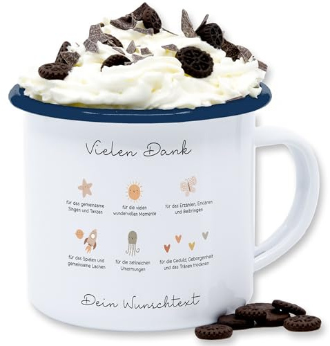 Emaille Tasse Blechtasse - Vielen Dank Erzieher Geschenk Abschied Kindergarten Geschenk Abschluss Kita Dankeschön Geschenke Erzieherin Abschiedsgeschenk I - 300 ml - Weiß Blau - aus für