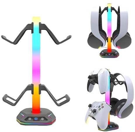 Supporto per cuffie RGB con supporto per controller - Organizer da gioco a LED a 2 livelli per PS5, PS4, Xbox, Switch - Dock di ricarica USB e Type-C - Display RGB per configurazione da scrivania