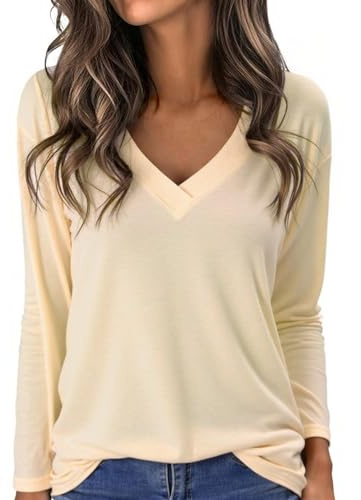 Aottori Camiseta Mujer Manga Larga Otoño Invierno Algodón Suave Cuello en V | Ajuste Suelto, Estilo Casual, Estilo Elegante, Diseño Pullover, para Oficina y Trabajo, para Uso Casual