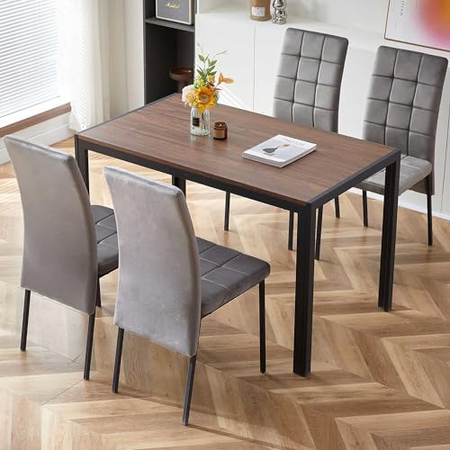 NORDICANA Esstisch mit 4 Stühlen Set, Esszimmerstühle 4er Set und Rechteckig Esstisch, Samtbezug Polsterstuhl, MDF-Platten Holztisch Geeignet, für Küche, Büro, Balkon, Restaurant(Grau)