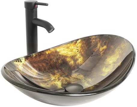 YU YUSING Lavabo Ovalado de Vidrio con Grifo sobre Encimera para Baño, Cocina y Aseo, Moderno Dorado Brillante, 53,3 x 35 x 16 cm