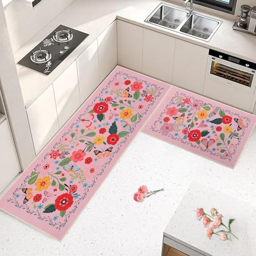 Fecialy Küchenmatten für den Boden 2PCS, Küchenteppiche rutschfest waschbar, gepolsterte Anti-Ermüdungs-Bodenmatten Teppiche Boho Floral Modern Farmhouse Bohemian Runner Rug