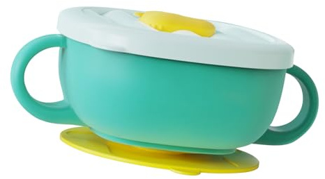 MENDUNER Edelstahl-Schalen mit Saugnapf für Verhindern das Herunterfallen mit Deckel für Im Vorschulalter zu Hause, Helle Farbe, 300 Ml Fassungsvermögen (GREEN)
