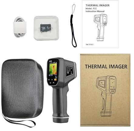 Infrarot-Wärmebildkamera, 32 x 32 Auflösung, -30 ℃ bis 500 ℃, USB wiederaufladbar mit 4,5 cm Display für Temperaturmessung, 8 GB TF-Karte, Typ-C-Kabel und Umhängeband, Schwarz