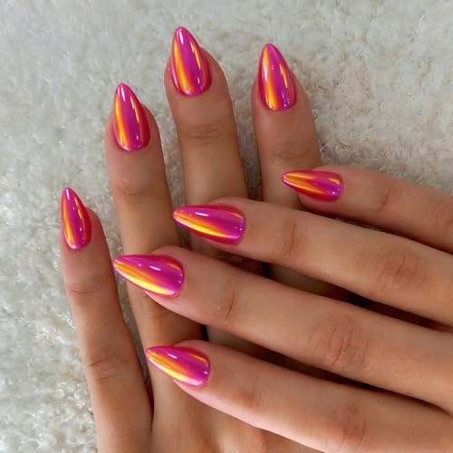 KQueenest Chrome Hot Pink Press on Nails Short Almond, Glazed Cute False Nails with Sparkle Mirror Design, Shiny Glitter Fake Nails Stiletto, Artificial Nail Press ons for Fingernail 30 Pcs, Fushia