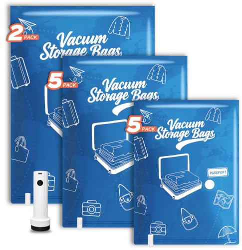 Hifree Travel Vacuum Storage Bags, with Cordless Pump, 12Pcs, S/M/L | 2L(54*74cm),5M(47*64cm),5S(40*54cm), for storage in travel suitcases, daily & seasonal clothing, durable & reusable