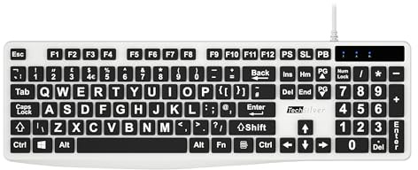 TechSilver Large Print Keyboard – High Contrast White on Black – Wired USB for Visually Impaired & Seniors - UK Layout (Black Keys & White Letters)