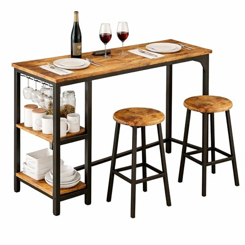 Blishom Bartisch mit 2 Hockern, 3-teiliges Bartisch Set, Küchentisch mit Ablage & Glashalter, Platzsparender Stehtisch für Küche, Wohnzimmer & kleine Räume, Industrial Vintage (Retro)