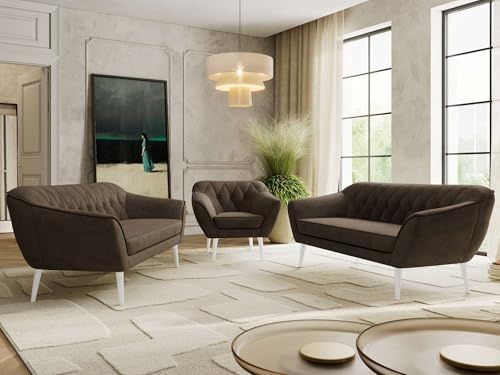 MKS MEBLE Sofagarnitur PIRS 3 + 3 + 1 - Couchgarnitur im skandinavischen Design, Gesteppte Polsterung, Wellenfederung, Wohnzimmer Sofa Set - Weiße Beine, Braun Velvet