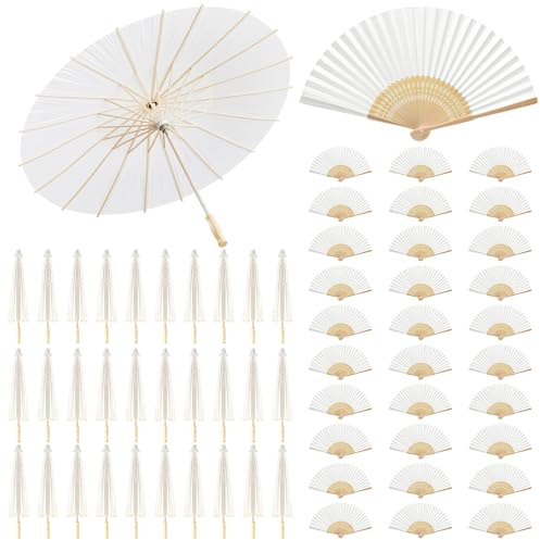 Hestya 30 White Paper Parasol 60 cm and 30 Wedding Fan for Guests | Oiled Paper Parasol Umbrellas for Wedding, Bamboo Fans for Party Wall Decor, DIY Painting Japanese Decorative Gift Bulk Favor