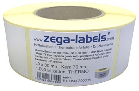 Thermo Etiketten auf Rolle - 50 x 80 mm - 1.000 Stück je Rolle - Kern: 76 mm - aussen gewickelt - permanent haftend - Druckverfahren: Thermodirekt (Drucken ohne Farbband)