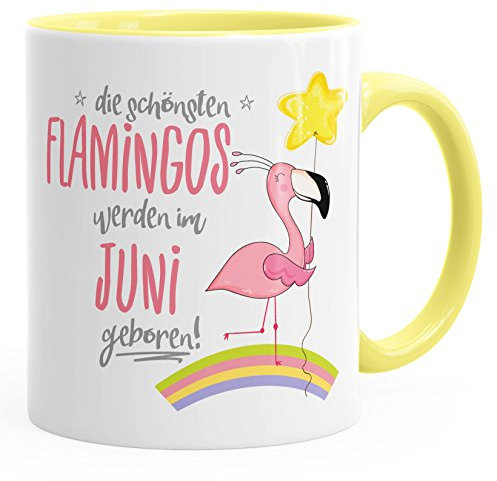 MoonWorks Geschenk-Tasse die schönsten Flamingos Werden im Juni geboren Geburtstags-Tasse Geburtstmonat Wunschmonat Kaffee-Tasse hellgelb Unisize