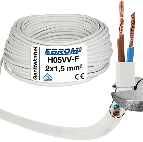 EBROM Cable de Plástico Redondo H05VV-F 2 x 1,5 mm², Cable de Alimentación y Dispositivo, Color Blanco, Longitudes de 5 a 200 Metros