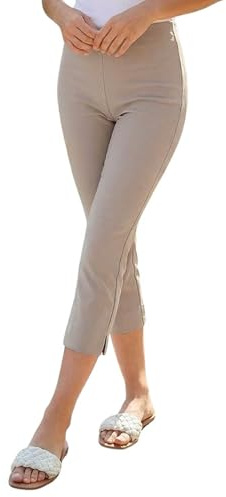 Roman Cropped Trousers for Women UK Ladies Capri Leggings Summer Pants Short Crop Stretch 3/4 Length Three Quarter Pedal Pusher Clothes Elasticated Bengaline Cut Off - Taupe - Size 12