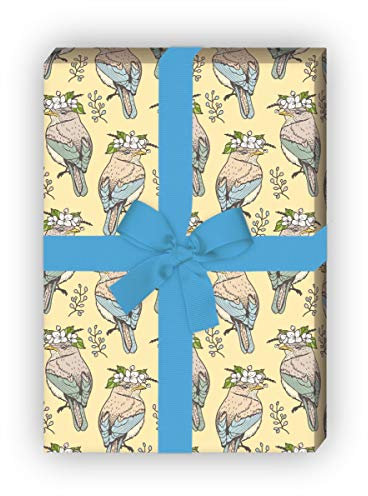Niedliches Hochzeits Geschenkpapier mit Vogel Hochzeit für schöne Geschenkverpackung 32 x 48cm, 4 Bögen zum Einpacken für Geburtstage, Hochzeit, Dekorpapier, gelb