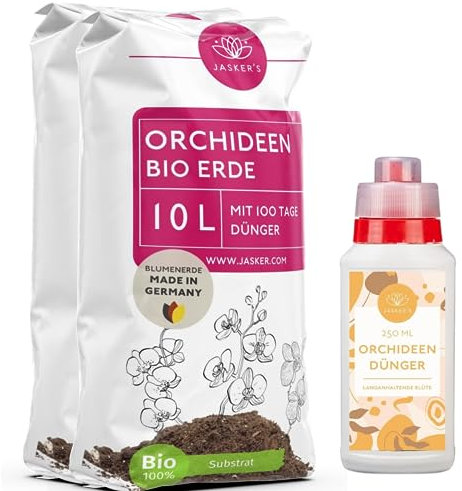Orchideenerde 20 L (2x10L) + 250 ML Orchideendünger - Orchideensubstrat aus 100% natürlichen Rohstoffen - Blumenerde für Orchideen - Luftig & Lockere Erde für Pflanzen mit Dünger - Orchideen Erde
