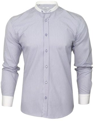 Xact Men's Striped Grandad Shirt, White Collar & Cuffs, Long-Sleeved (Blue Stripe) M