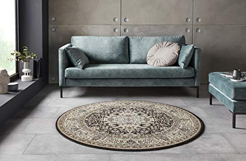 Hanse Home Nouristan Mirkan Orient Teppich Rund – Wohnzimmerteppich Orientalisch Kurzflor Vintage Orientalischer Teppich für Esszimmer, Wohnzimmer, Schlafzimmer – Creme Braun, 160cm