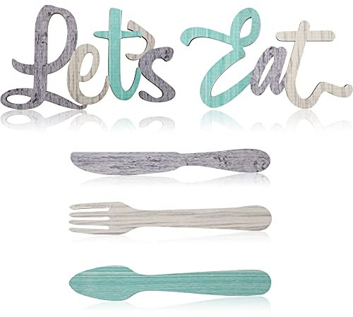 Jetec 5 Pcs Let's Eat Sign Kitchen Wall Decor Fork Spoon Knife Kitchen Decor Sign Rustic Farmhouse Wooden Wall Decorations for Home Dining Room Bar Cafe Restaurant(Gray, Beige, Green)