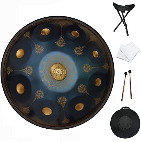 Gevo Apan 2021 New Handpan Drum Instrument in d-Moll 9 Noten 22 Zoll Royal Garden Series Mandala Steel Drum with Soft Hand Pan Bag, Hammer, Stand, staubfreies Tuch (D3/A3/bB3/C4/D4/E4/F4/G4/A4)-Blue