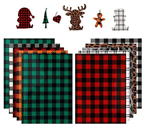 SAVITA 10 Stück 30x25cm Weihnachten Wärmetransfer Vinyl, HTV Buffalo Plaid Vinyl Aufbügeln für Stoff Canvas Tasche T-Shirt Leoparden Muster & Rot-Schwarze Farbe (7 Farben)
