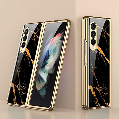 COQUE Custodia Galaxy Z Fold 3 5G,Custodia per cellulare verniciata lucida in vetro ultra sottile 9H,Cover pieghevole per Samsung Galaxy Z Fold 3 5G- Marmorizzazione-Gold Line Black