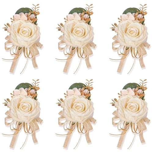 Meldel Champagne Boutonniere for Men Wedding, Set of 6, Groom and Best Man Boutonniere for Wedding Ceremony Anniversary, Formal Dinner Party and Rustic Fall Wedding Prom