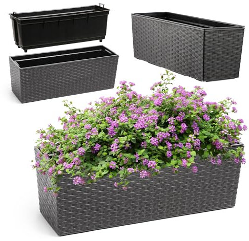 KADAX Fioriera 18,5 x 56 cm, motivo rattan, grafite, con inserto – Resistente alle intemperie