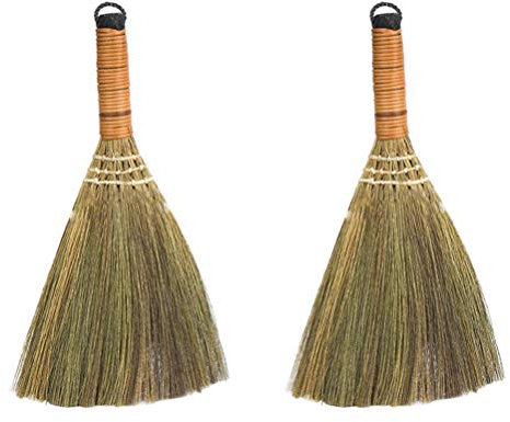LIFKOME 2Pcs Indoor Grass Broom Whisk Broom Thai Handle Broomstick Sweeping Cleaning Tool Asian Handmade Craft Broom for Home Kitchen Bedroom