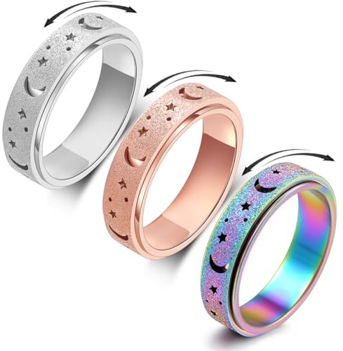 OreilleStar Anello per ansia da donna, anello fidget toy, per adulti, in acciaio inox, oro rosa, argento, arcobaleno, taglia 6