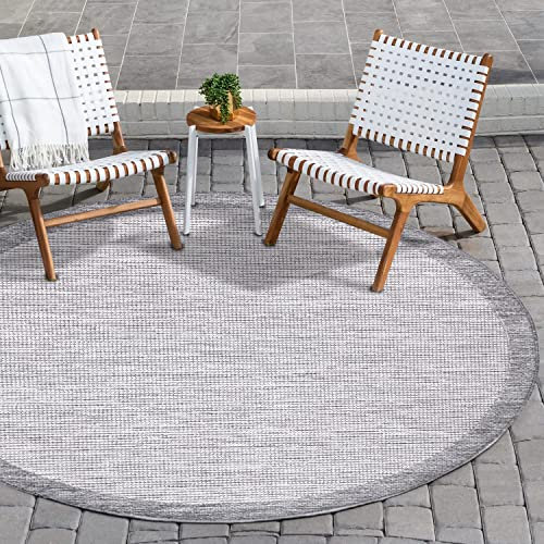 payé Outdoor Teppich Rund - 120x120cm - Wetterfest - Grau Weiß - Bordüre - Teppiche für Terrasse Balkon Garten Indoor