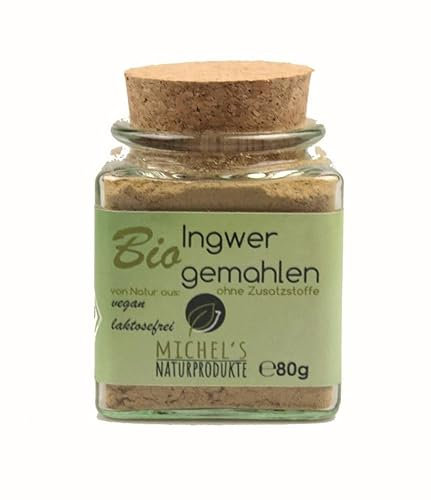 Michel´s Naturprodukte - BIO Ingwerpulver aus Indien im Wiederverschließbaren Glas, 80g, Abgefüllt in Deutschland, Vegan und Laktosefrei, Fein Gemahlen, 100% Natürlich und Rein - Ohne Zusatzstoffe