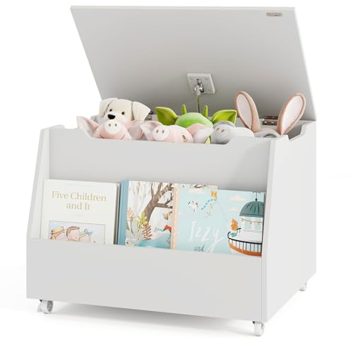Costzon Kids Toy Box, Wooden Mobile Toy Storage Organizer with Bookshelf & Lockable Wheels for Girls Boys, Toy Storage Chest Bench for Toddler Room, Playroom, Bedroom, Living Room, Nursery