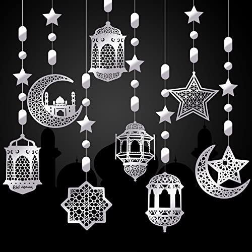 Zonon 24 Stück Ramadan Girlanden Eid Girlande Dekoration Ramadan Mubarak Party Banner Stern Mond Laternen Girlande Hintergrund Glänzende Hängende Wanddeko für Haus Hochzeit Islam Party (Silber)