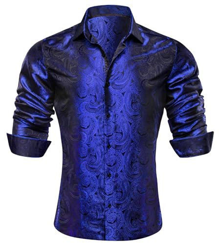 Barry.Wang Men Dress Shirt Silk Luxury Paisley Floral Long Sleeve Big and Tall Wedding Party Casual Business Formal Shirts Blue S-3XL