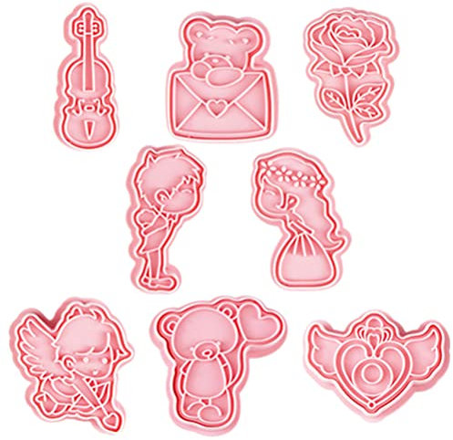 BESTonZON Lebkuchenmann Ausstecher 8 Stücke Valentinstag Ausstechformen 3D Kunststoff Engel Bär Herz Keksstempel Keks Fondant Gebäck Hochzeitsfeier Dekoration Valentinskeksformen