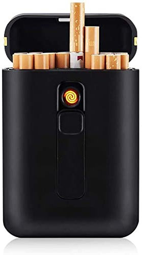 oUyOo Boîtes À Cigarettes avec Briquet, Étui À Cigarettes en Métal Anti-Écrasé Coupe-Vent, Briquet sans Flamme Rechargeable par USB, Outils De Paquet De Tabac pour Fumeur,Noir