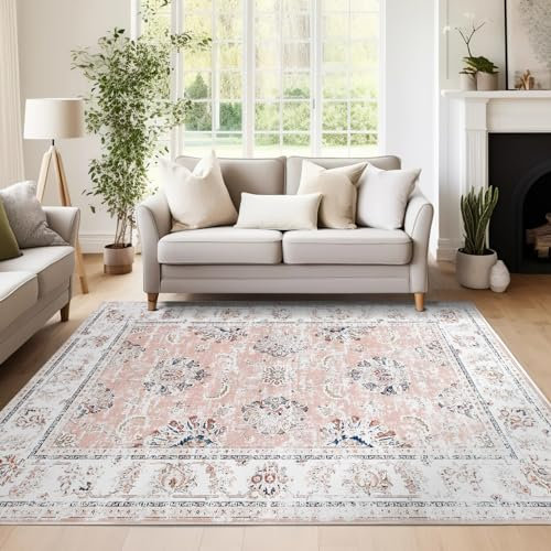 TOPICK Washable Rug 120x180cm Large Floral Pink Rug Non Slip Lightweight Carept for Living Room Bedroom Dining Room