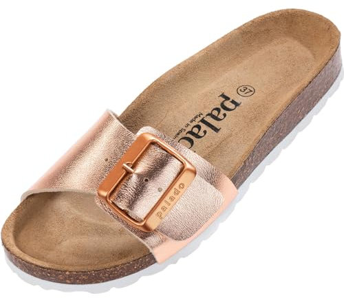 Palado Pantoletten Damen Malta EGS Metallic - bequeme Sandalen Made in Spain - Hausschuhe mit dämpfendem Kork-Fußbett - modische Sommerschuhe Rose/Gold UK3,5 - EU36