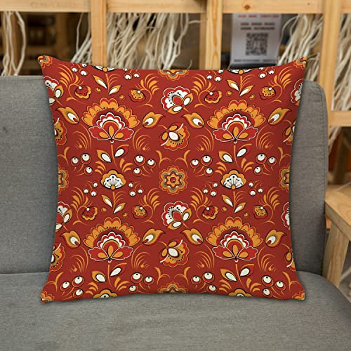 Kissenbezug Zierkissenbezug Dekorative,Rotes Muster mit Blumen in russischer Folklore Russland blüht Chochloma,Dekokissen Deko mit Verstecktem Reißverschluss für Sofa Büro Bett 45x45 cm