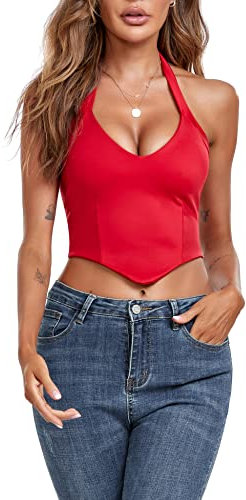 EVELIFE Womens Sexy Deep V Halter Neck Sleeveless Corset Tops (Red,S)