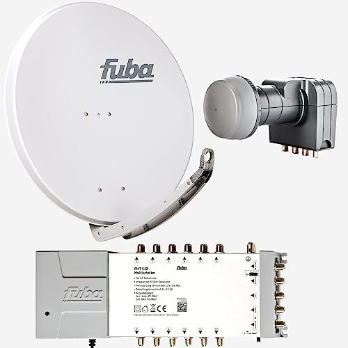 Fuba Sat Anlage 12 Teilnehmer | Satellitenschüssel Komplettset - DAA 850 G Alu Sat-Schüssel 85cm hellgrau + Fuba Quattro LNB + Fuba FMT512 Sat Multischalter 12 Teilnehmer (DVB-S2, HDTV, UHD 4K/8K)