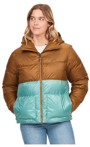 Marmot Damen Guides Down Hoody F22, Leichte Daunenjacke, warme Winterjacke, wasserabweisende Steppjacke, winddichte Funktionsjacke, klein packbare Outdoorjacke mit Kapuze, Hazel/Blue Agave, S