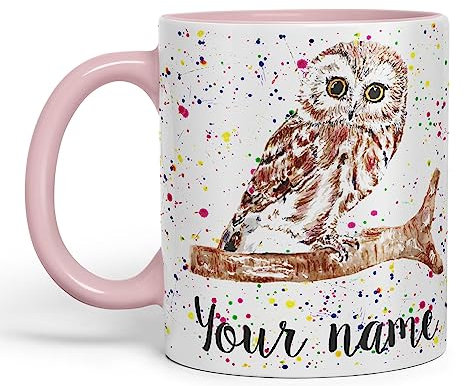 Vixar Personalised with Your Text Owl Bird Watercolour Art Coloured Ceramic Mug Cup Gift 330ml 11oz Custom Work Office Tea Coffee (O2) (Pink)