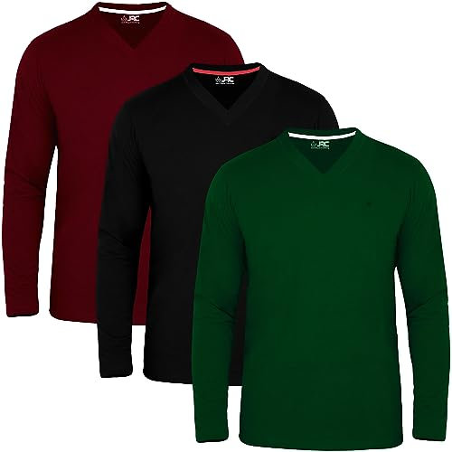 JRC Just Royal Clothing Pack of 3 Mens Long Sleeve V-Neck T-Shirts, Casual Vee Neck Tops (Olive, Black, Maroon, M)
