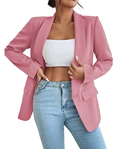 L9WEI Blazer élégant à revers pour femme - Élégant - Couleur unie - Style business - Manches longues - Coupe ajustée - Automne, Rose, M