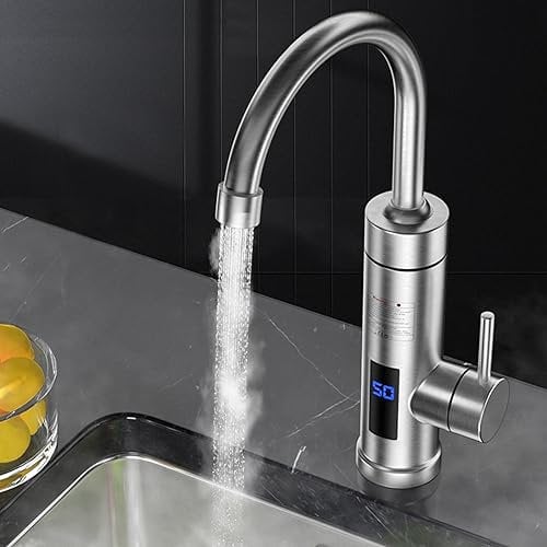 Rubinetto Elettrico, 3000W Rubinetto da cucina in acciaio inox, Rubinetto Dell'acqua Calda con temperatura a LED, Girevole 360 ° Scalda Acqua Elettrico Istantaneo per Cucina, Bagno (Silver)