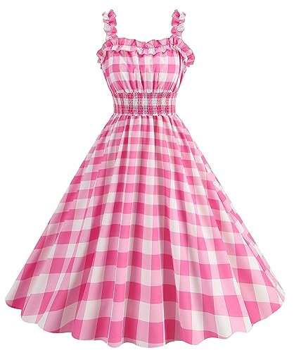 FYMNSI Rockabilly Kleider Damen Vintage 1950er Jahre Outfit Rosa Plaid Partykleid Festliches Festkleid Cocktailkleid Ballkleider Abendkleider Elegant f?r Hochzeit 60er Petticoat Kleid Rosa R?schen L